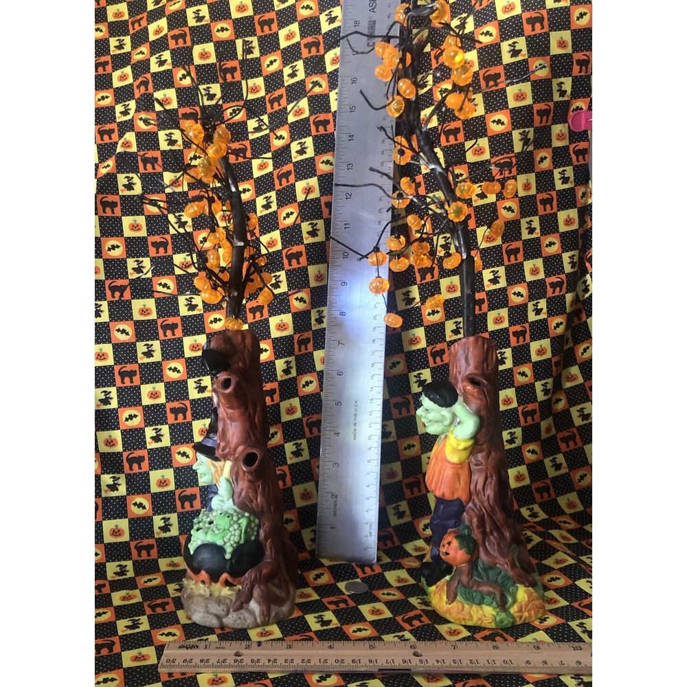 2 Ceramic Halloween Decoration Trees Witch & Frankenstein Orange Pumpkin Strand
